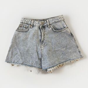 Nocturne Denim Shorts Womens Size 1 XS Bedazzled High Waisted Raw Hem